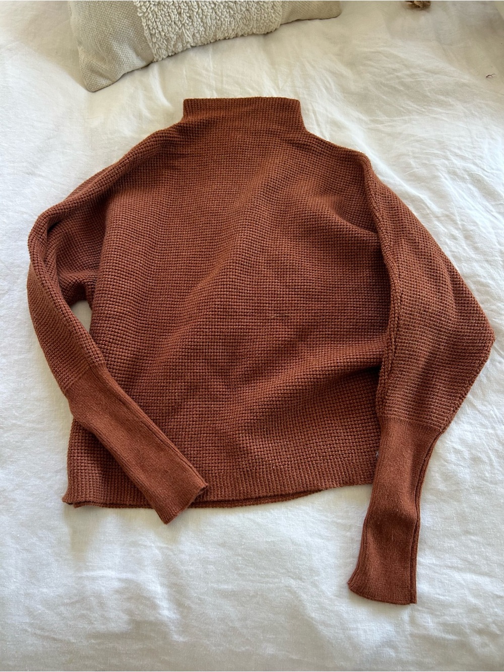 Cyrus Waffle-Knit Mock Neck Sweater in Rust Brown
